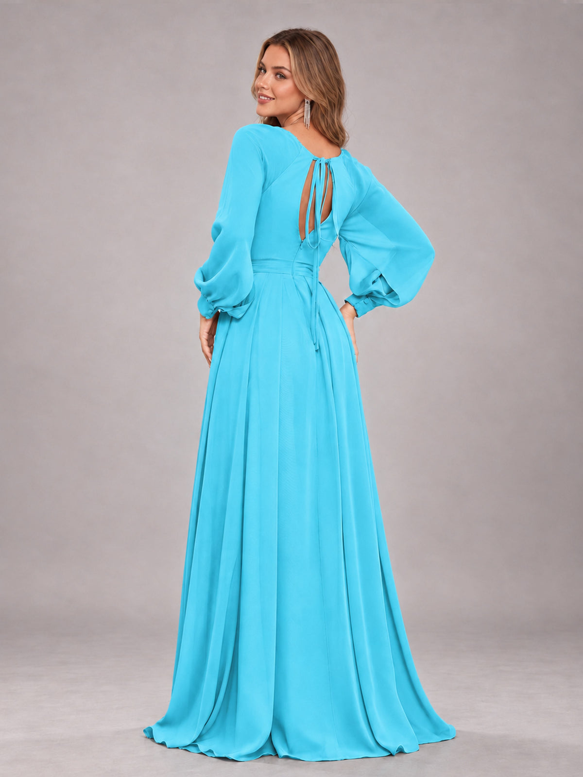 Pool Trendy Halter Long Sleeves Slit Floor Length Chiffon Bridesmaid Dress