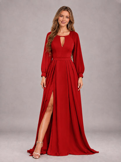 Red Trendy Halter Long Sleeves Slit Floor Length Chiffon Bridesmaid Dress