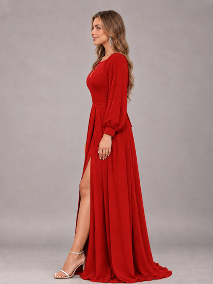 Red Trendy Halter Long Sleeves Slit Floor Length Chiffon Bridesmaid Dress
