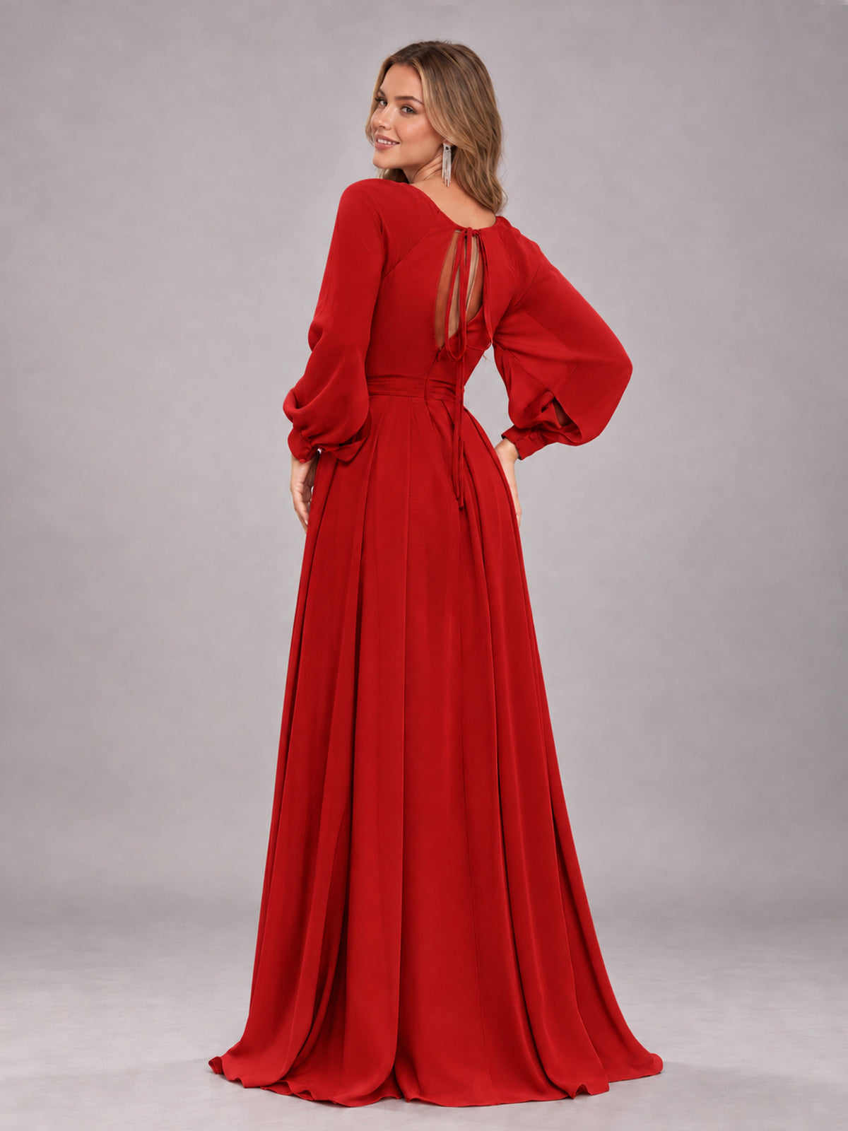 Red Trendy Halter Long Sleeves Slit Floor Length Chiffon Bridesmaid Dress