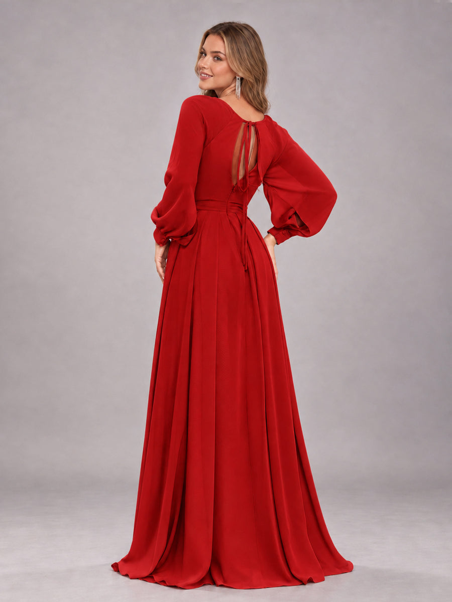 Red Trendy Halter Long Sleeves Slit Floor Length Chiffon Bridesmaid Dress