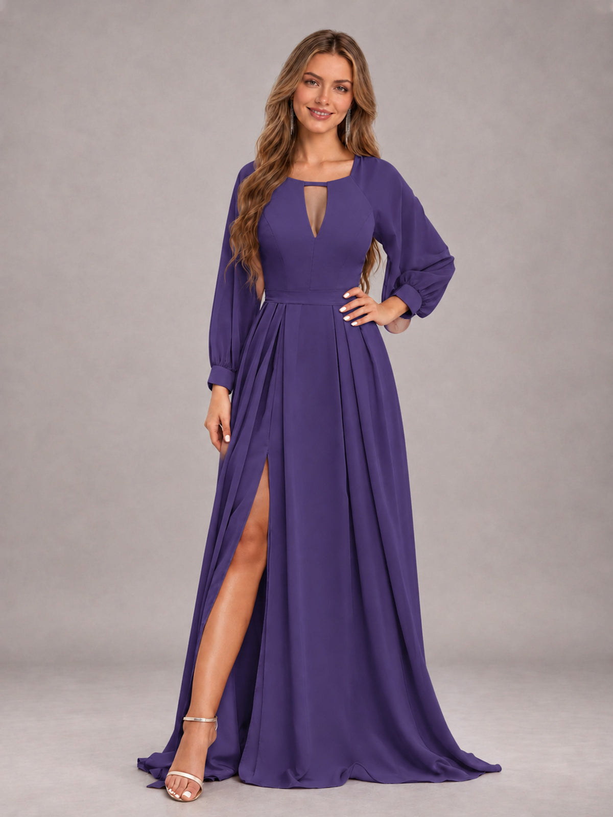 Regency Trendy Halter Long Sleeves Slit Floor Length Chiffon Bridesmaid Dress