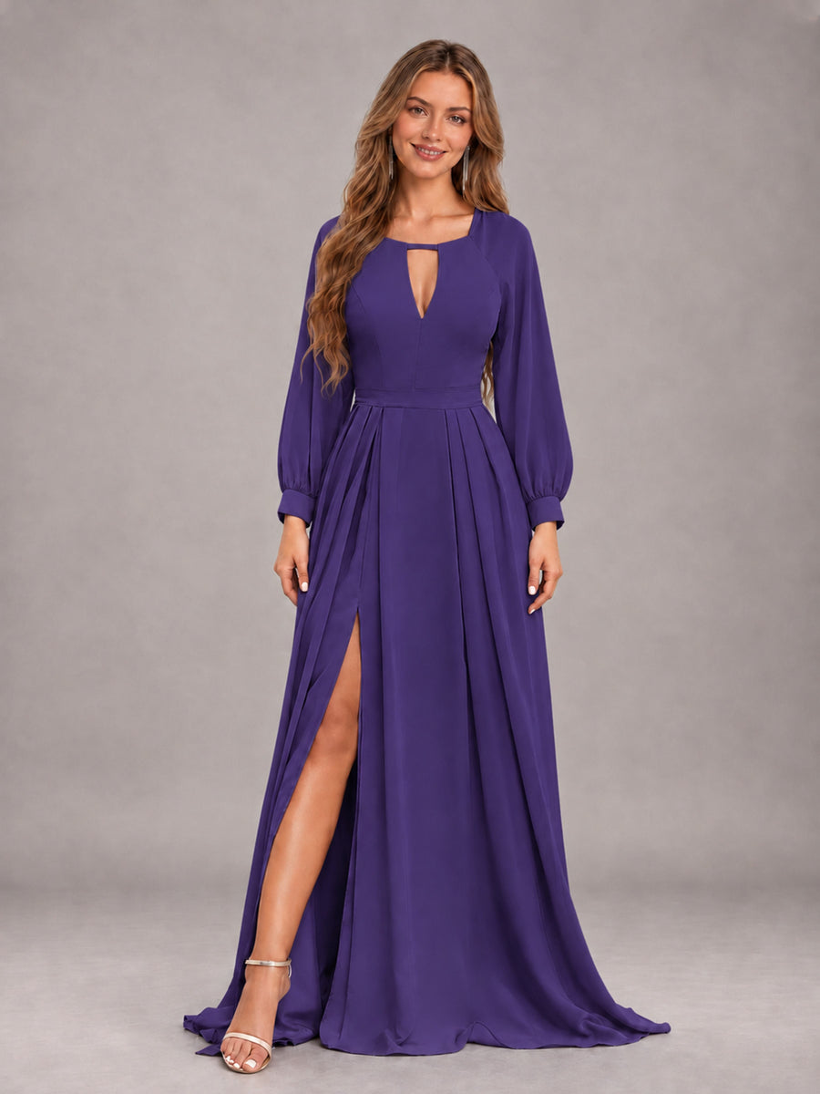Regency Trendy Halter Long Sleeves Slit Floor Length Chiffon Bridesmaid Dress