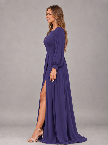 Regency Trendy Halter Long Sleeves Slit Floor Length Chiffon Bridesmaid Dress