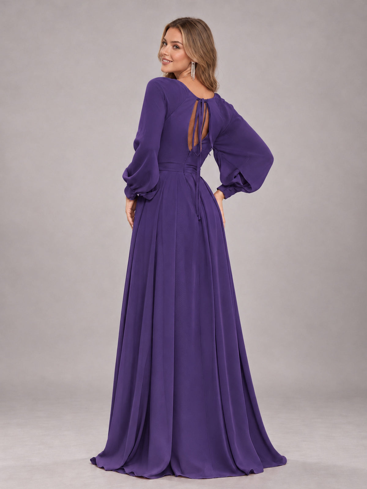 Regency Trendy Halter Long Sleeves Slit Floor Length Chiffon Bridesmaid Dress