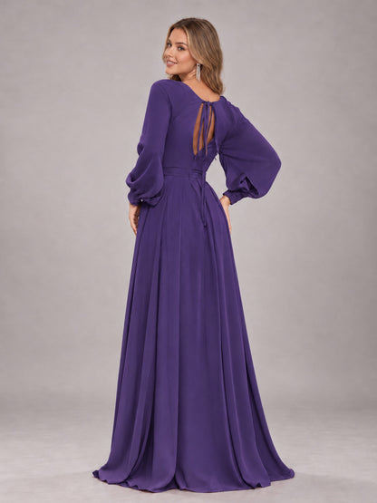 Regency Trendy Halter Long Sleeves Slit Floor Length Chiffon Bridesmaid Dress