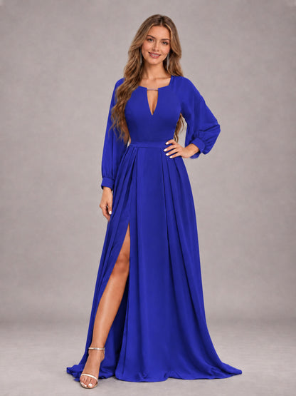 Royal Blue Trendy Halter Long Sleeves Slit Floor Length Chiffon Bridesmaid Dress