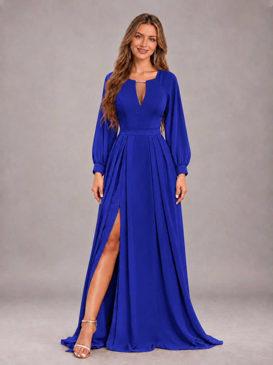 Royal Blue Trendy Halter Long Sleeves Slit Floor Length Chiffon Bridesmaid Dress