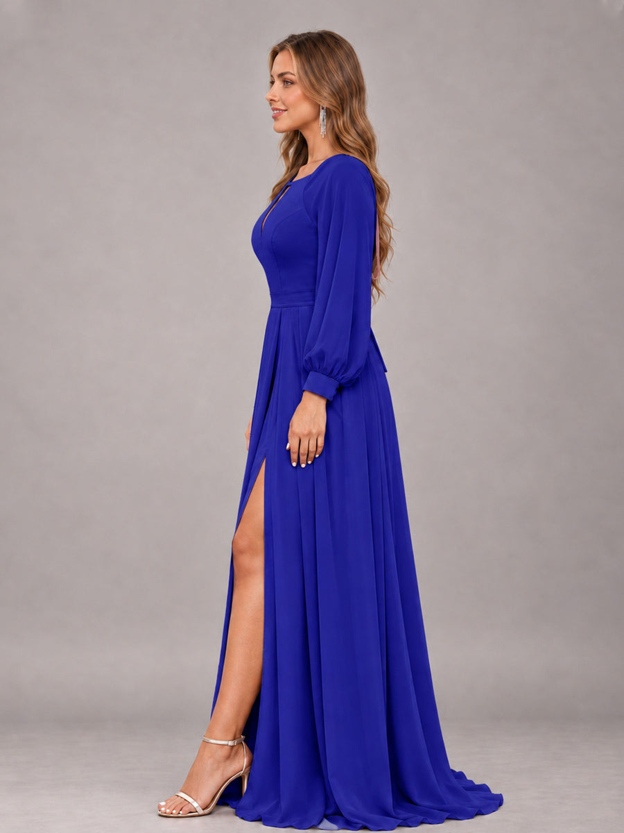 Royal Blue Trendy Halter Long Sleeves Slit Floor Length Chiffon Bridesmaid Dress
