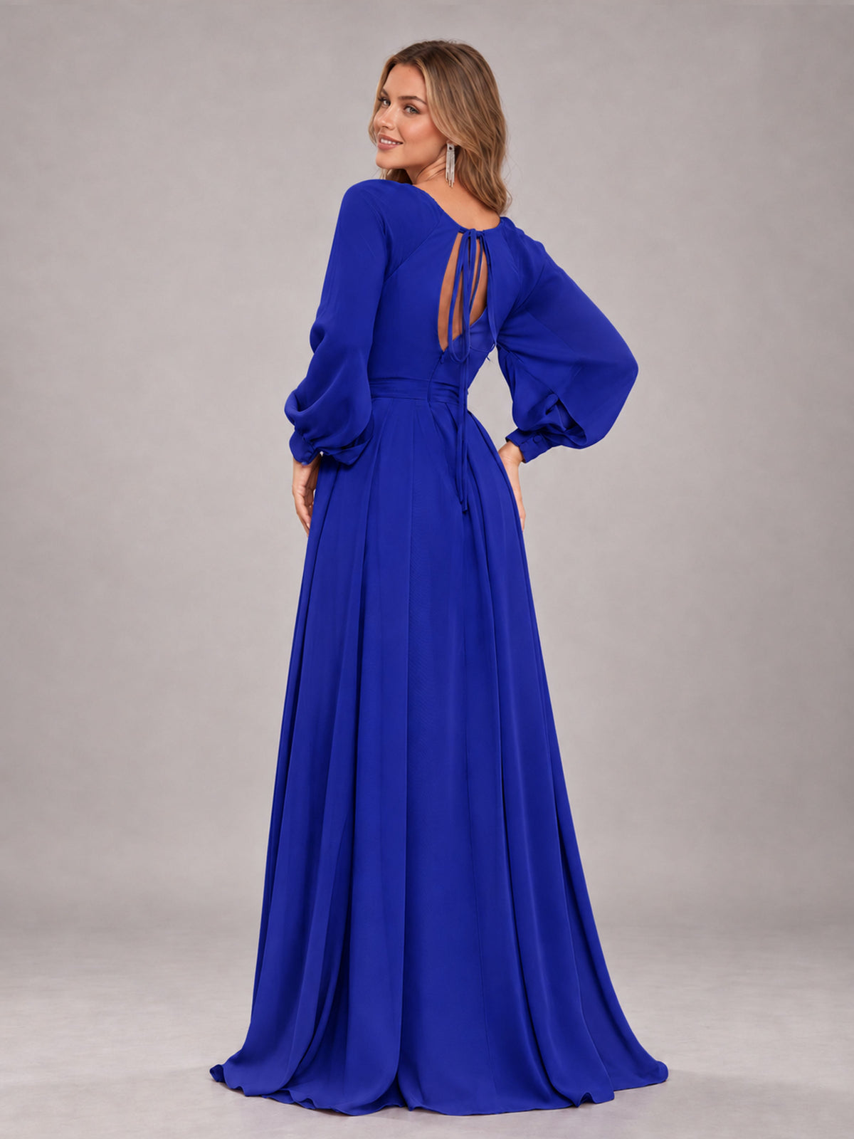 Royal Blue Trendy Halter Long Sleeves Slit Floor Length Chiffon Bridesmaid Dress