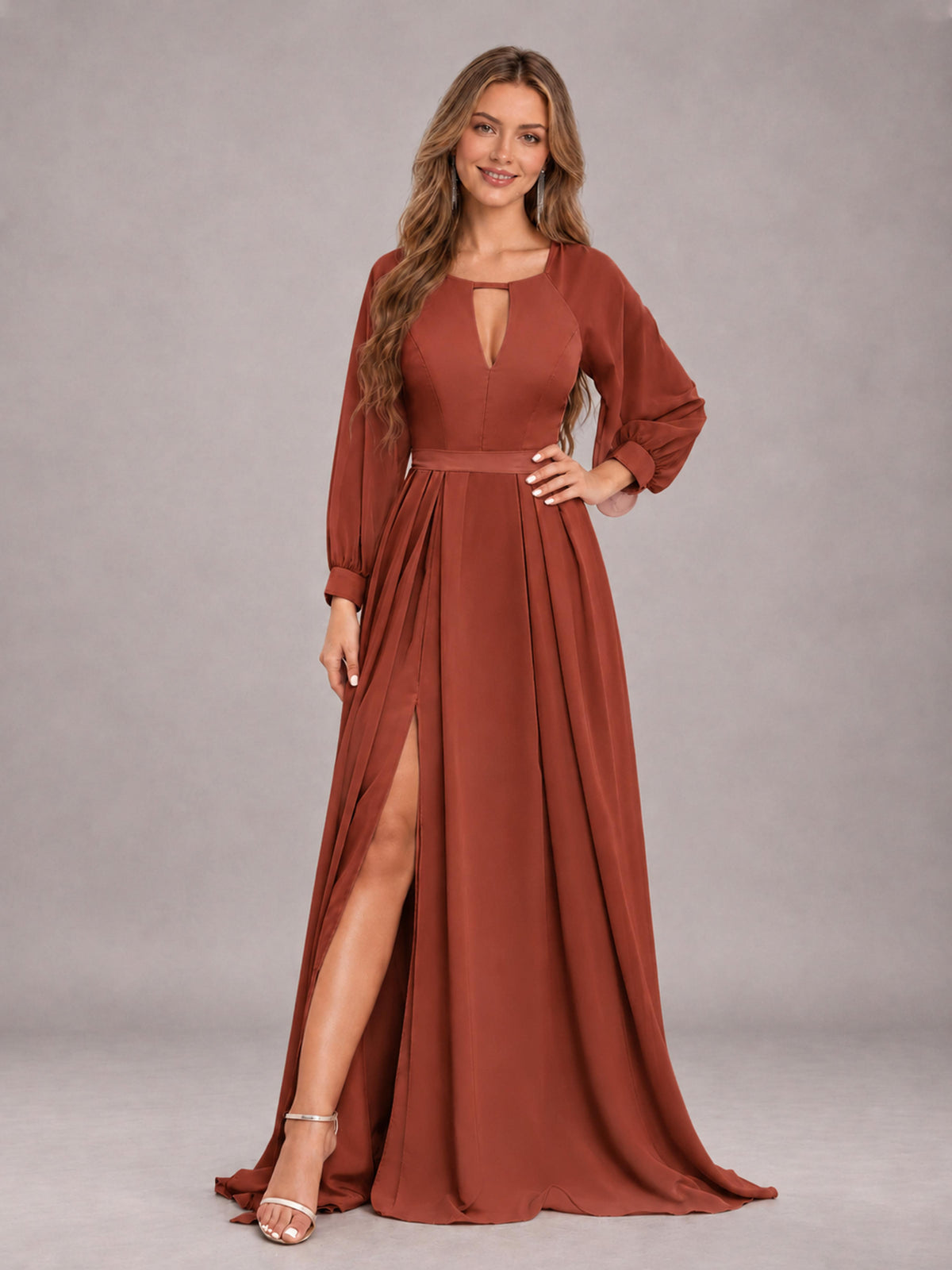 Rust Trendy Halter Long Sleeves Slit Floor Length Chiffon Bridesmaid Dress