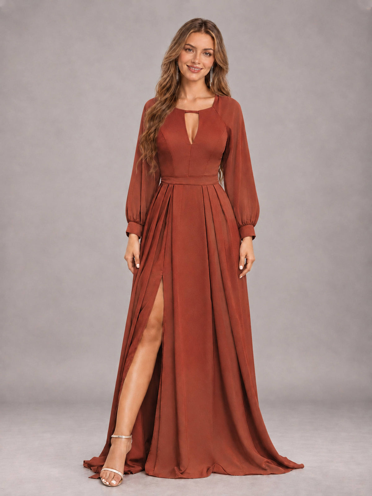 Rust Trendy Halter Long Sleeves Slit Floor Length Chiffon Bridesmaid Dress