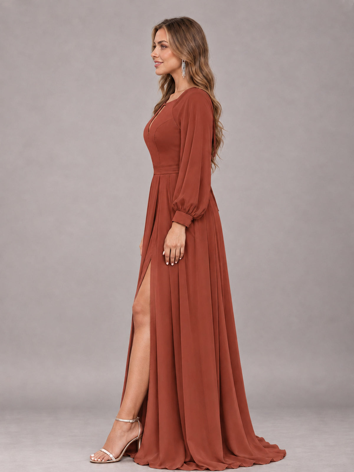 Rust Trendy Halter Long Sleeves Slit Floor Length Chiffon Bridesmaid Dress