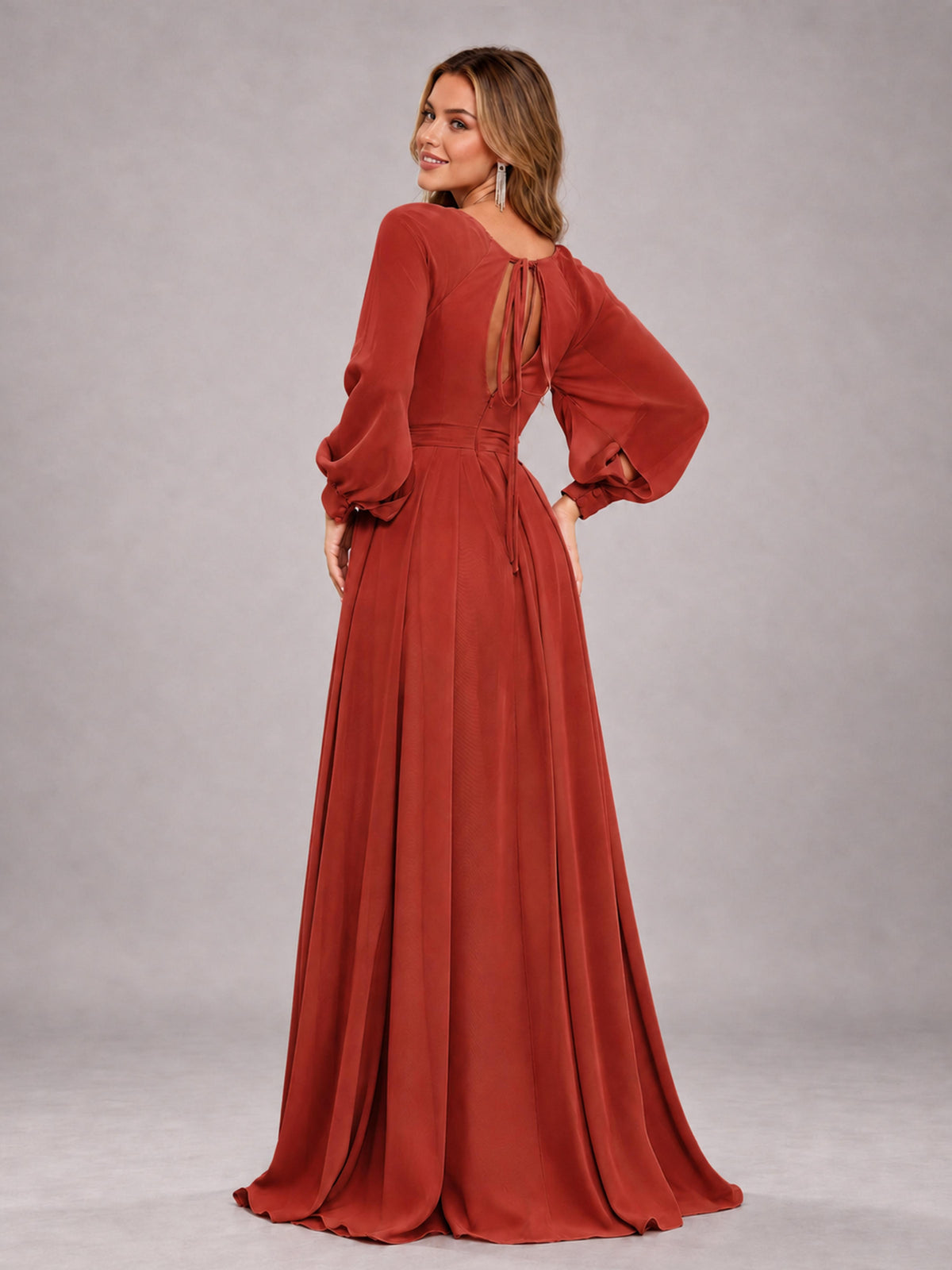 Rust Trendy Halter Long Sleeves Slit Floor Length Chiffon Bridesmaid Dress