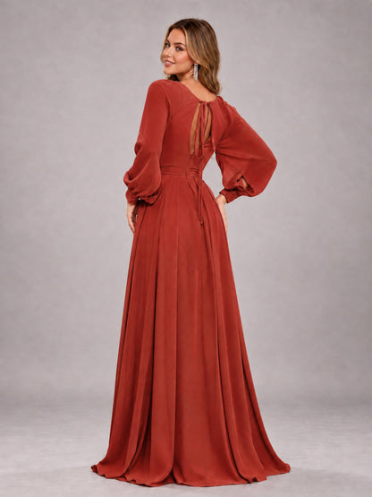 Rust Trendy Halter Long Sleeves Slit Floor Length Chiffon Bridesmaid Dress