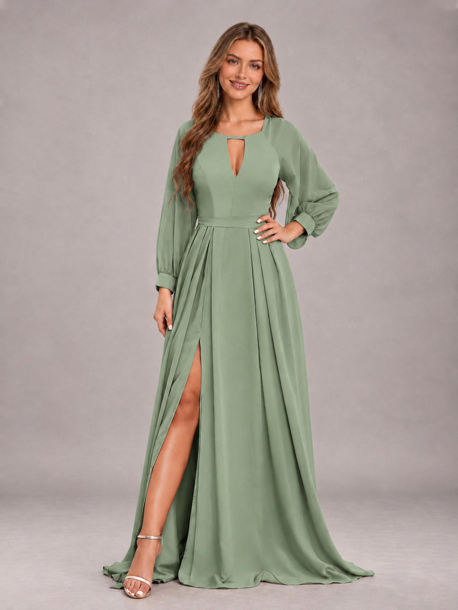 Sage Green Trendy Halter Long Sleeves Slit Floor Length Chiffon Bridesmaid Dress