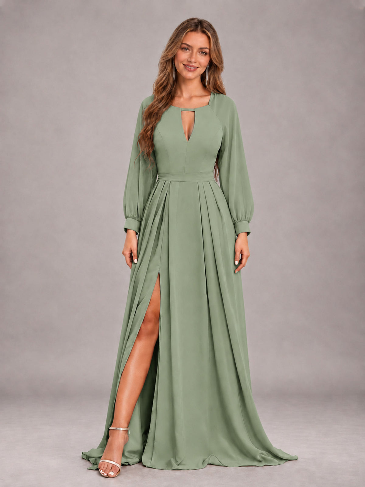 Sage Green Trendy Halter Long Sleeves Slit Floor Length Chiffon Bridesmaid Dress