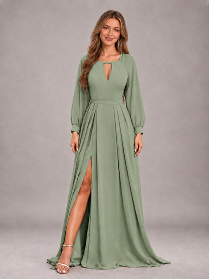 Sage Green Trendy Halter Long Sleeves Slit Floor Length Chiffon Bridesmaid Dress