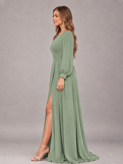 Sage Green Trendy Halter Long Sleeves Slit Floor Length Chiffon Bridesmaid Dress