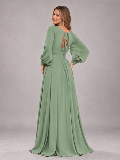 Sage Green Trendy Halter Long Sleeves Slit Floor Length Chiffon Bridesmaid Dress