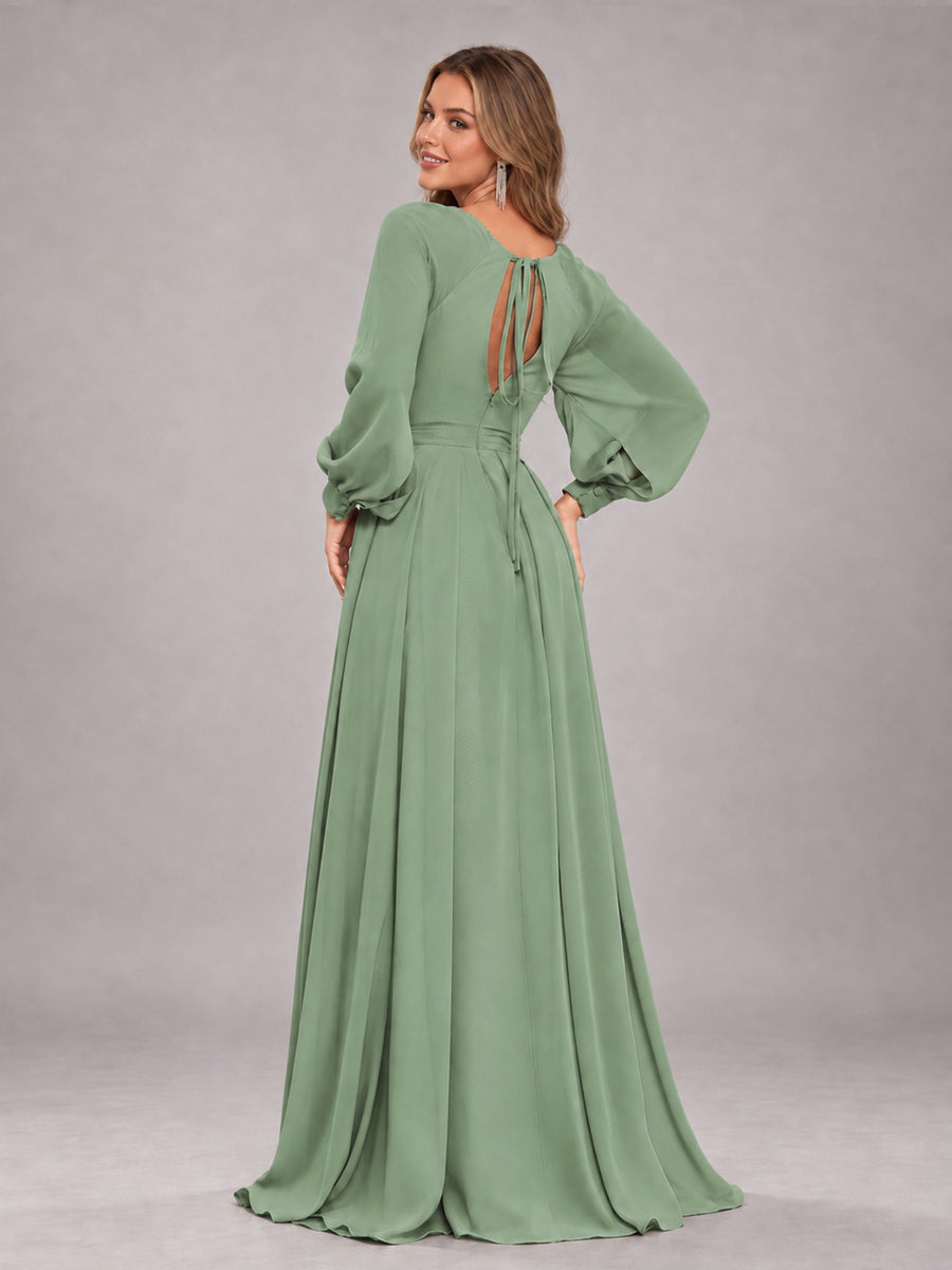 Sage Green Trendy Halter Long Sleeves Slit Floor Length Chiffon Bridesmaid Dress