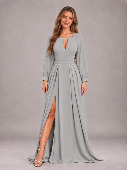 Silver Trendy Halter Long Sleeves Slit Floor Length Chiffon Bridesmaid Dress