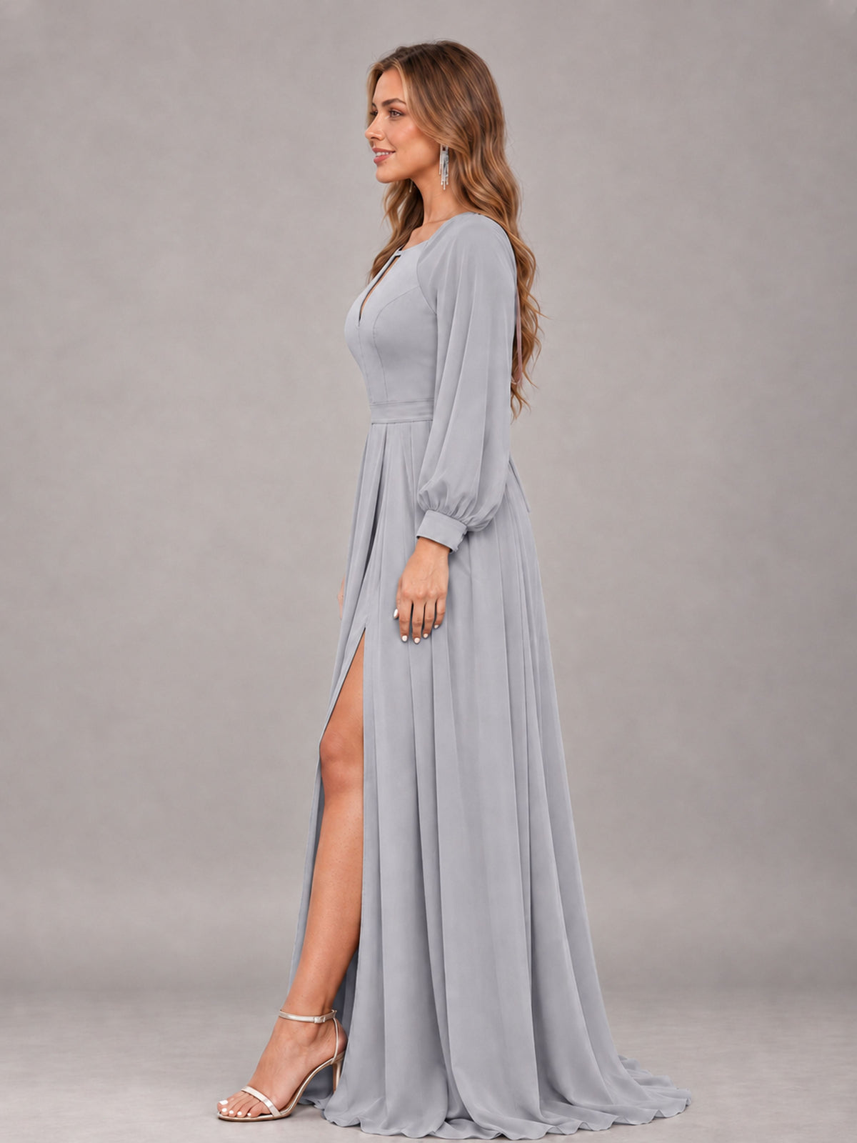 Silver Trendy Halter Long Sleeves Slit Floor Length Chiffon Bridesmaid Dress