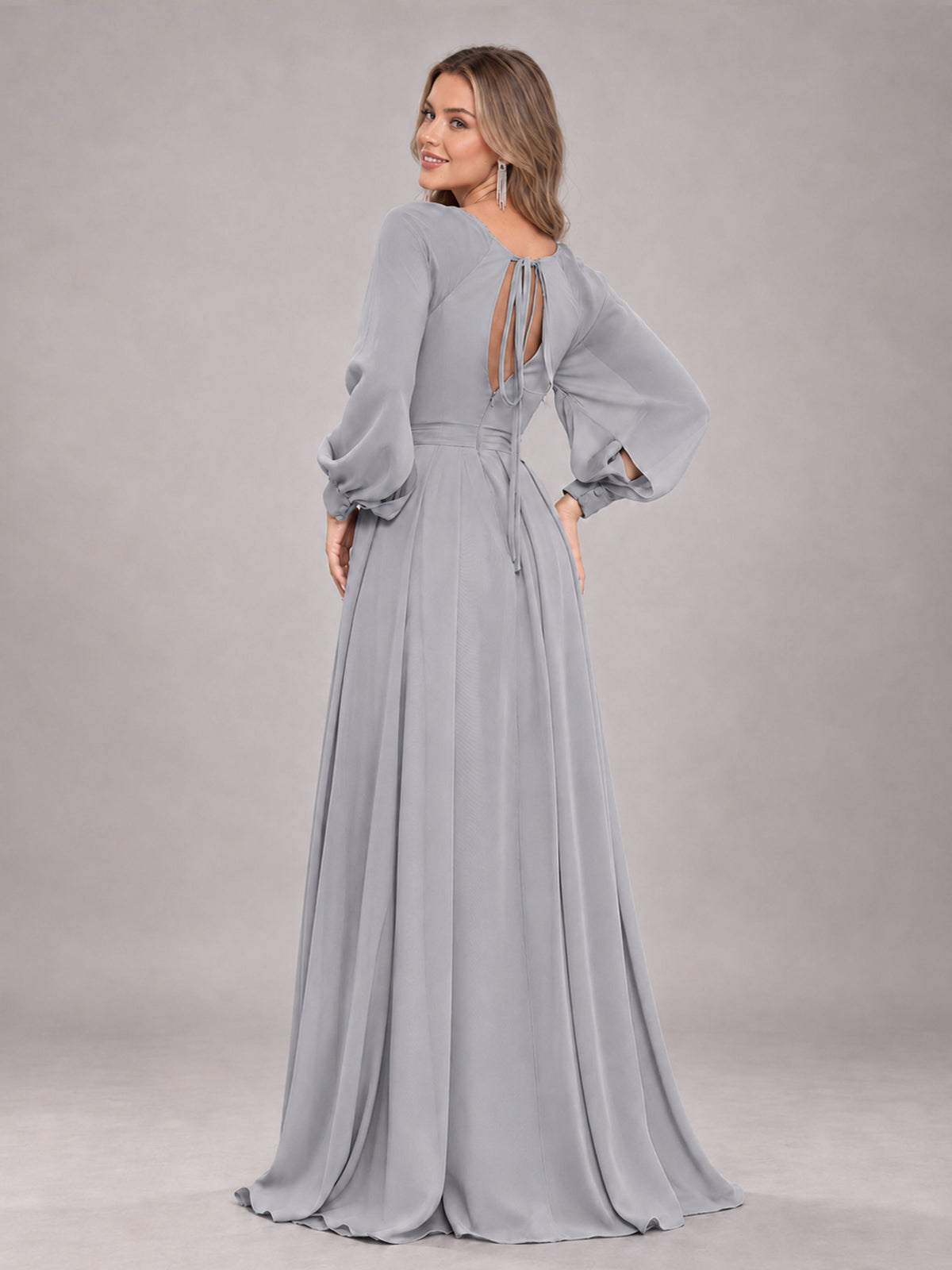 Silver Trendy Halter Long Sleeves Slit Floor Length Chiffon Bridesmaid Dress