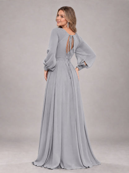 Silver Trendy Halter Long Sleeves Slit Floor Length Chiffon Bridesmaid Dress
