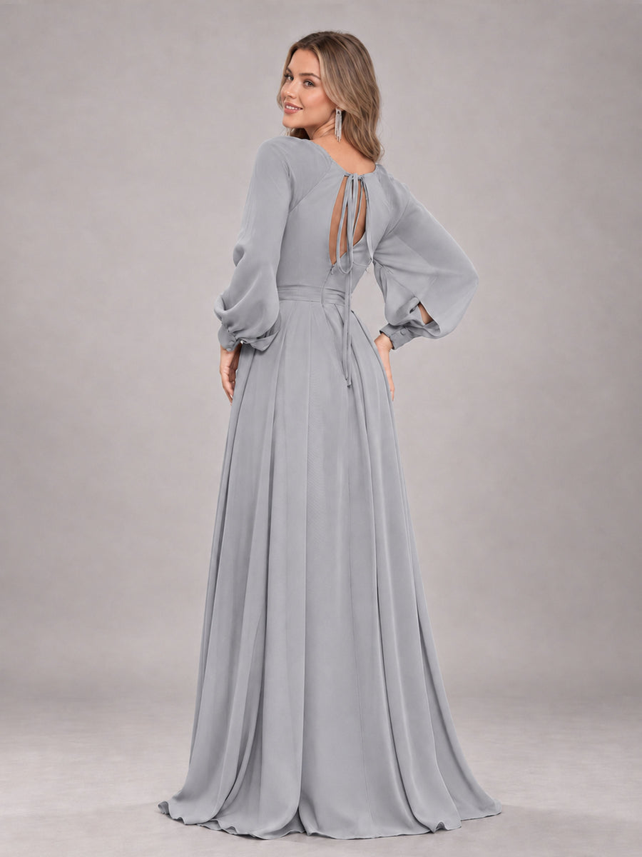 Silver Trendy Halter Long Sleeves Slit Floor Length Chiffon Bridesmaid Dress