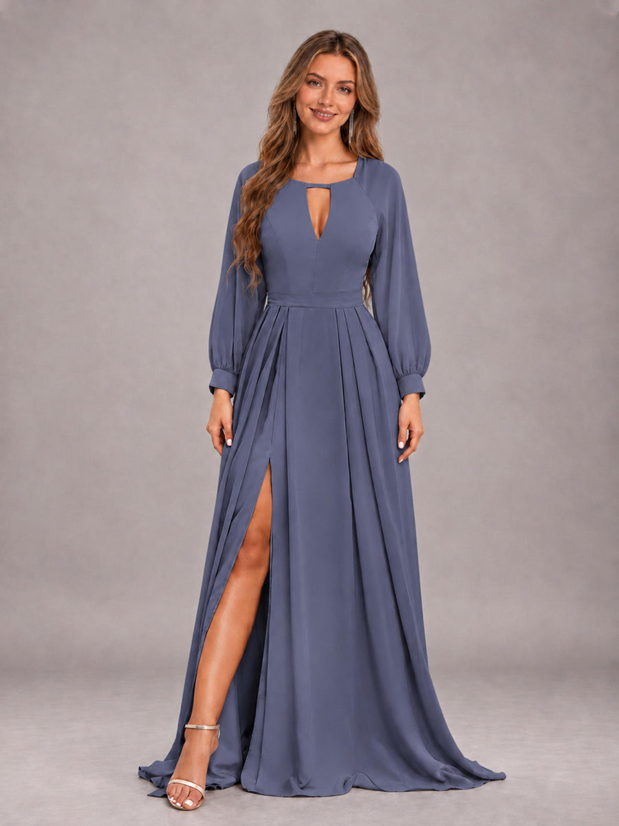 Stormy Blue Trendy Halter Long Sleeves Slit Floor Length Chiffon Bridesmaid Dress