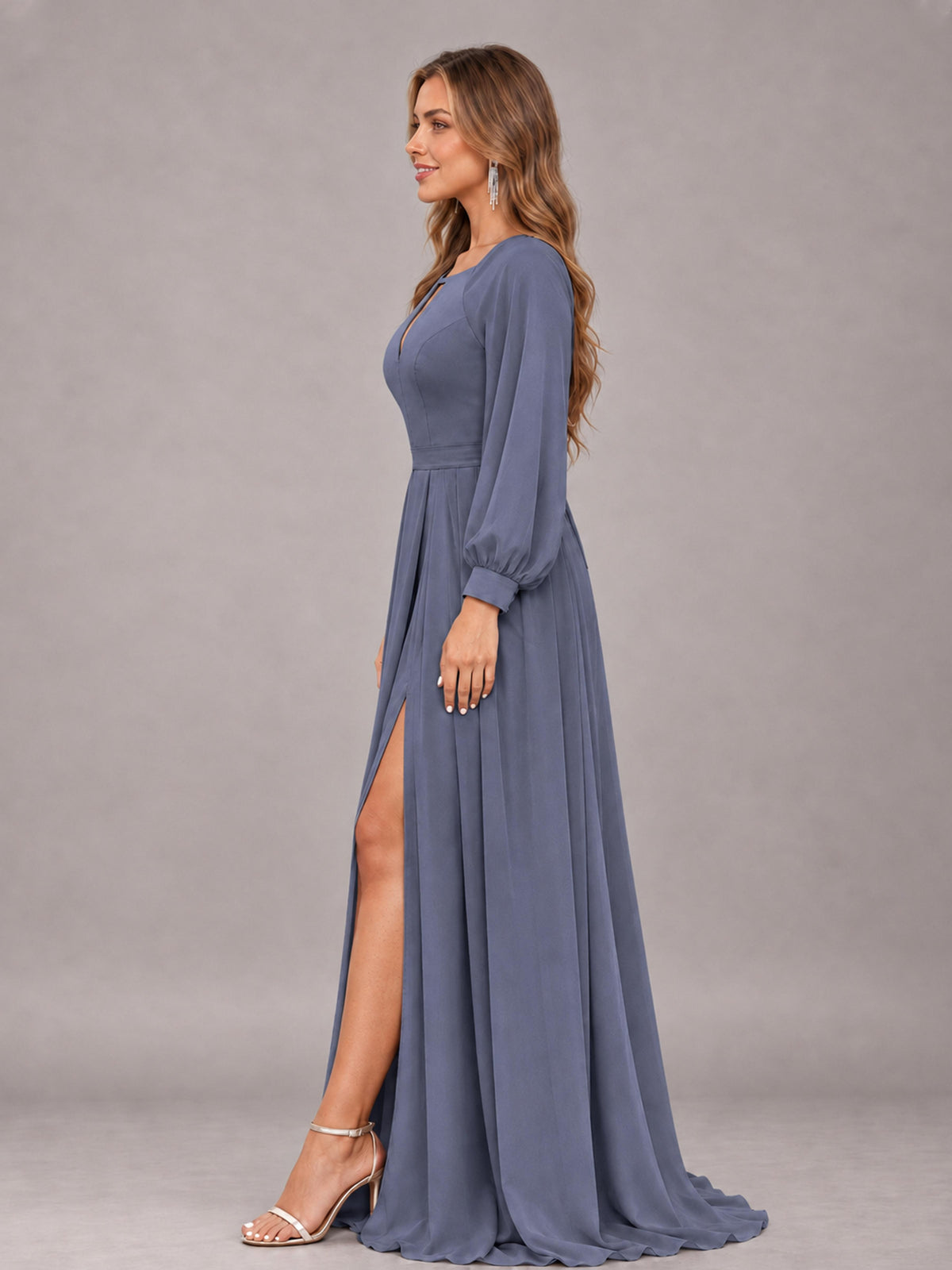 Stormy Blue Trendy Halter Long Sleeves Slit Floor Length Chiffon Bridesmaid Dress