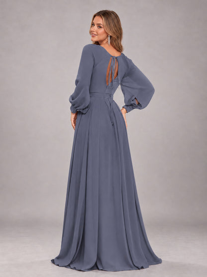 Stormy Blue Trendy Halter Long Sleeves Slit Floor Length Chiffon Bridesmaid Dress