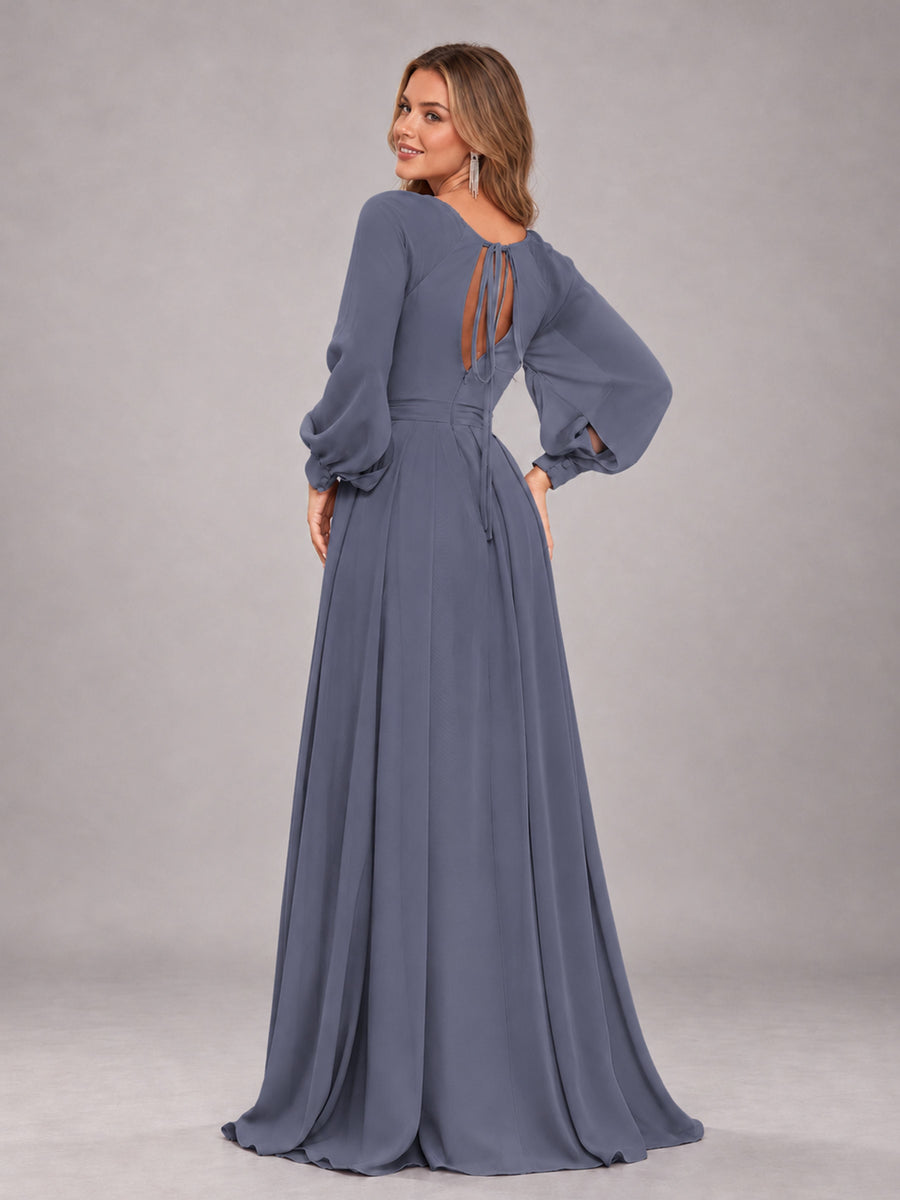 Stormy Blue Trendy Halter Long Sleeves Slit Floor Length Chiffon Bridesmaid Dress