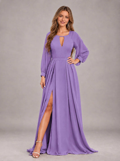 Tahiti Trendy Halter Long Sleeves Slit Floor Length Chiffon Bridesmaid Dress