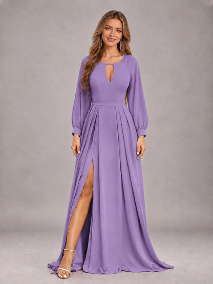 Tahiti Trendy Halter Long Sleeves Slit Floor Length Chiffon Bridesmaid Dress