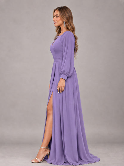 Tahiti Trendy Halter Long Sleeves Slit Floor Length Chiffon Bridesmaid Dress