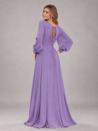 Tahiti Trendy Halter Long Sleeves Slit Floor Length Chiffon Bridesmaid Dress