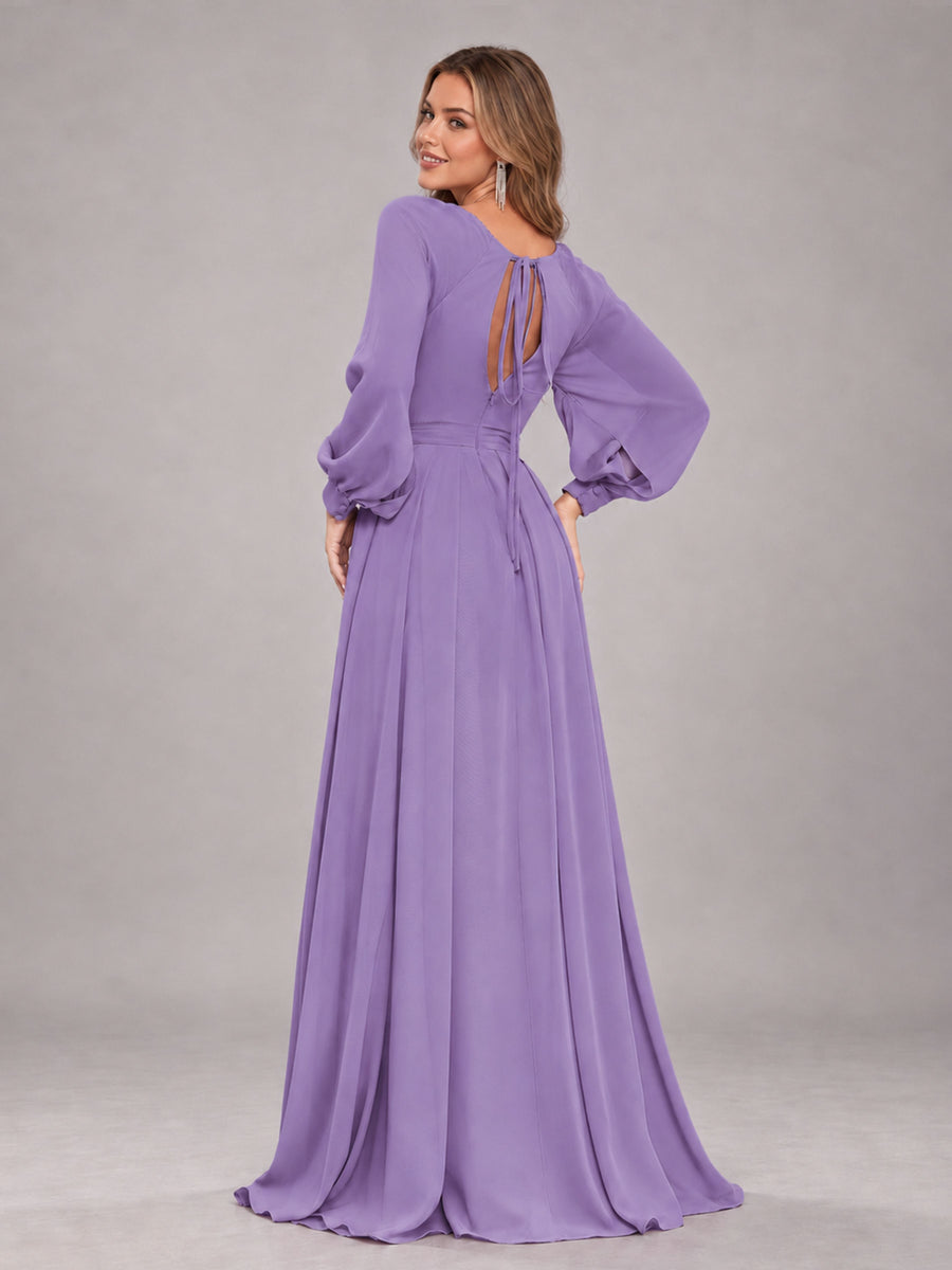 Tahiti Trendy Halter Long Sleeves Slit Floor Length Chiffon Bridesmaid Dress