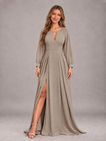 Taupe Trendy Halter Long Sleeves Slit Floor Length Chiffon Bridesmaid Dress
