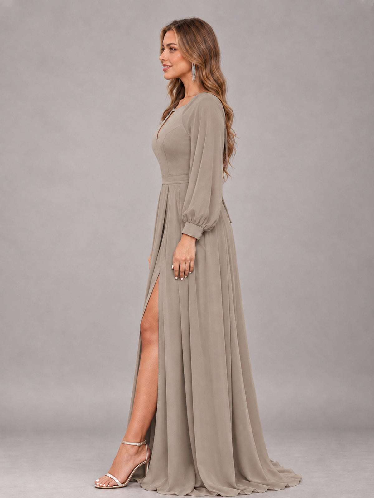 Taupe Trendy Halter Long Sleeves Slit Floor Length Chiffon Bridesmaid Dress