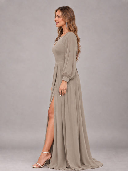 Taupe Trendy Halter Long Sleeves Slit Floor Length Chiffon Bridesmaid Dress
