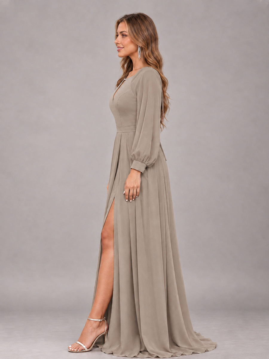 Taupe Trendy Halter Long Sleeves Slit Floor Length Chiffon Bridesmaid Dress