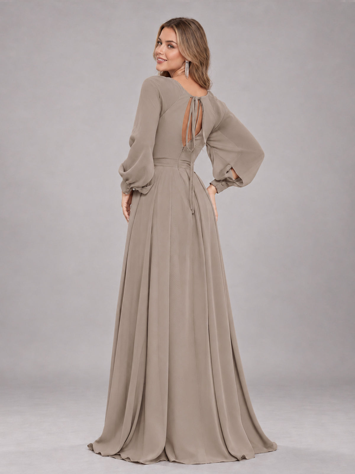 Taupe Trendy Halter Long Sleeves Slit Floor Length Chiffon Bridesmaid Dress