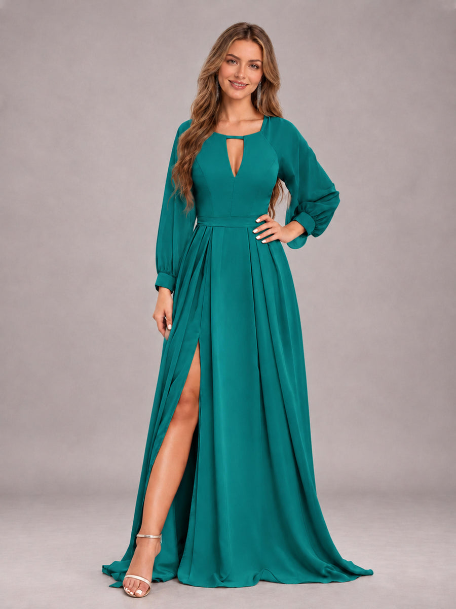 Teal Trendy Halter Long Sleeves Slit Floor Length Chiffon Bridesmaid Dress