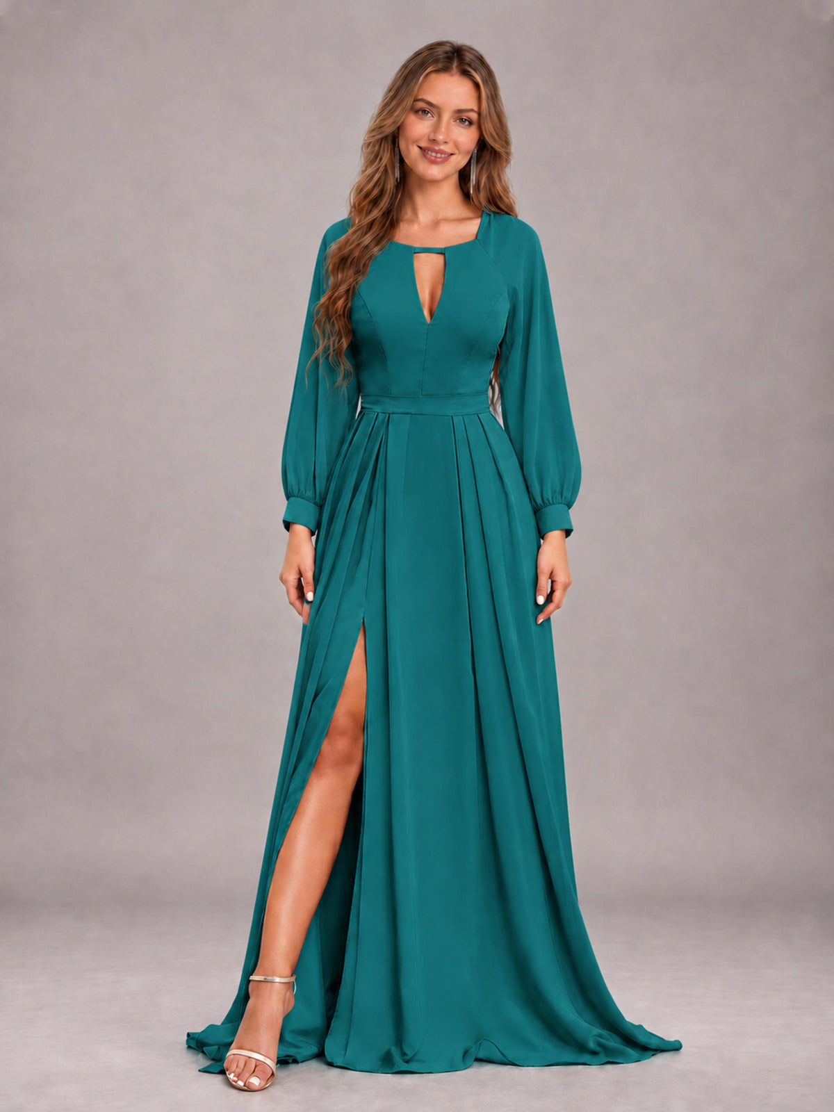 Teal Trendy Halter Long Sleeves Slit Floor Length Chiffon Bridesmaid Dress