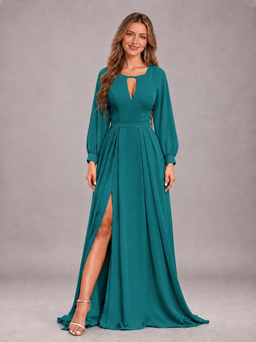 Teal Trendy Halter Long Sleeves Slit Floor Length Chiffon Bridesmaid Dress