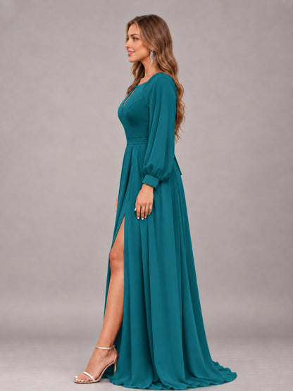 Teal Trendy Halter Long Sleeves Slit Floor Length Chiffon Bridesmaid Dress