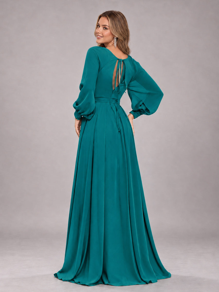 Teal Trendy Halter Long Sleeves Slit Floor Length Chiffon Bridesmaid Dress