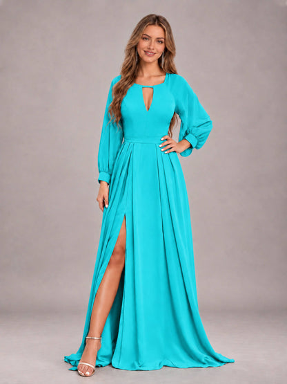 Turquoise Trendy Halter Long Sleeves Slit Floor Length Chiffon Bridesmaid Dress